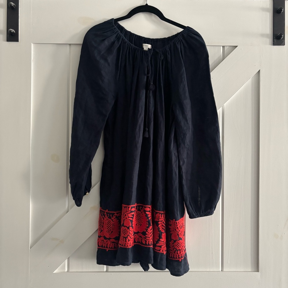 J. Crew Navy Linen Dress with Red Embroidery
